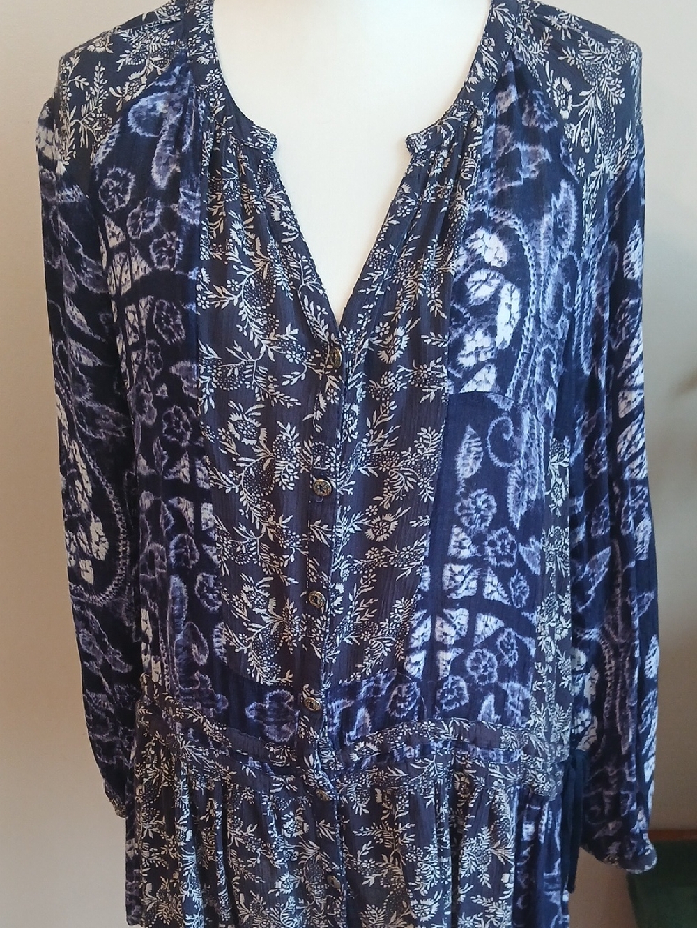 Free People Navy Blue Paisley Floral Button-Front Blouse